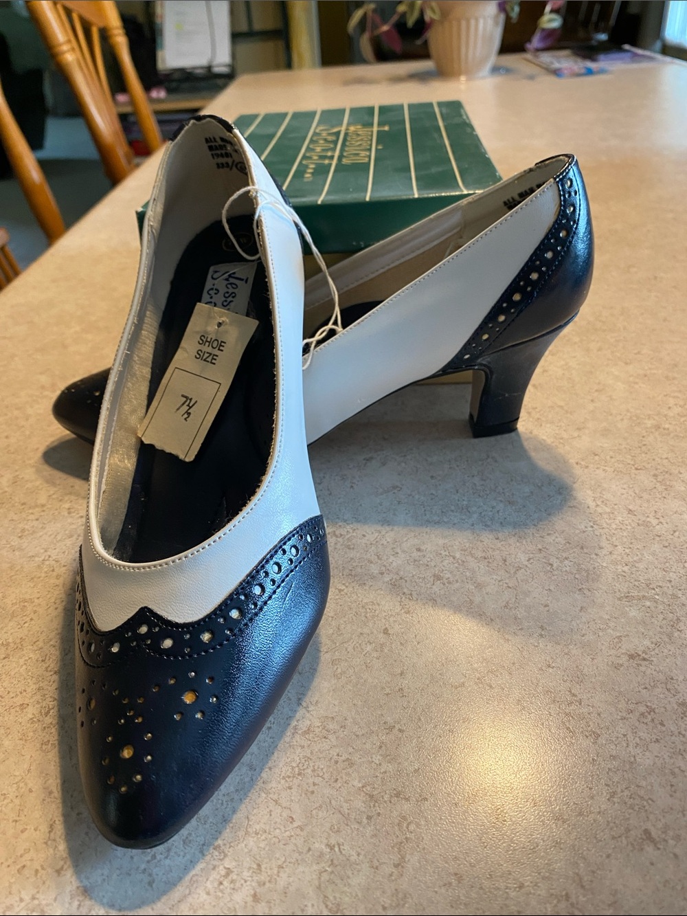 Two-Tone Navy and White Low Heel Women's Pumps